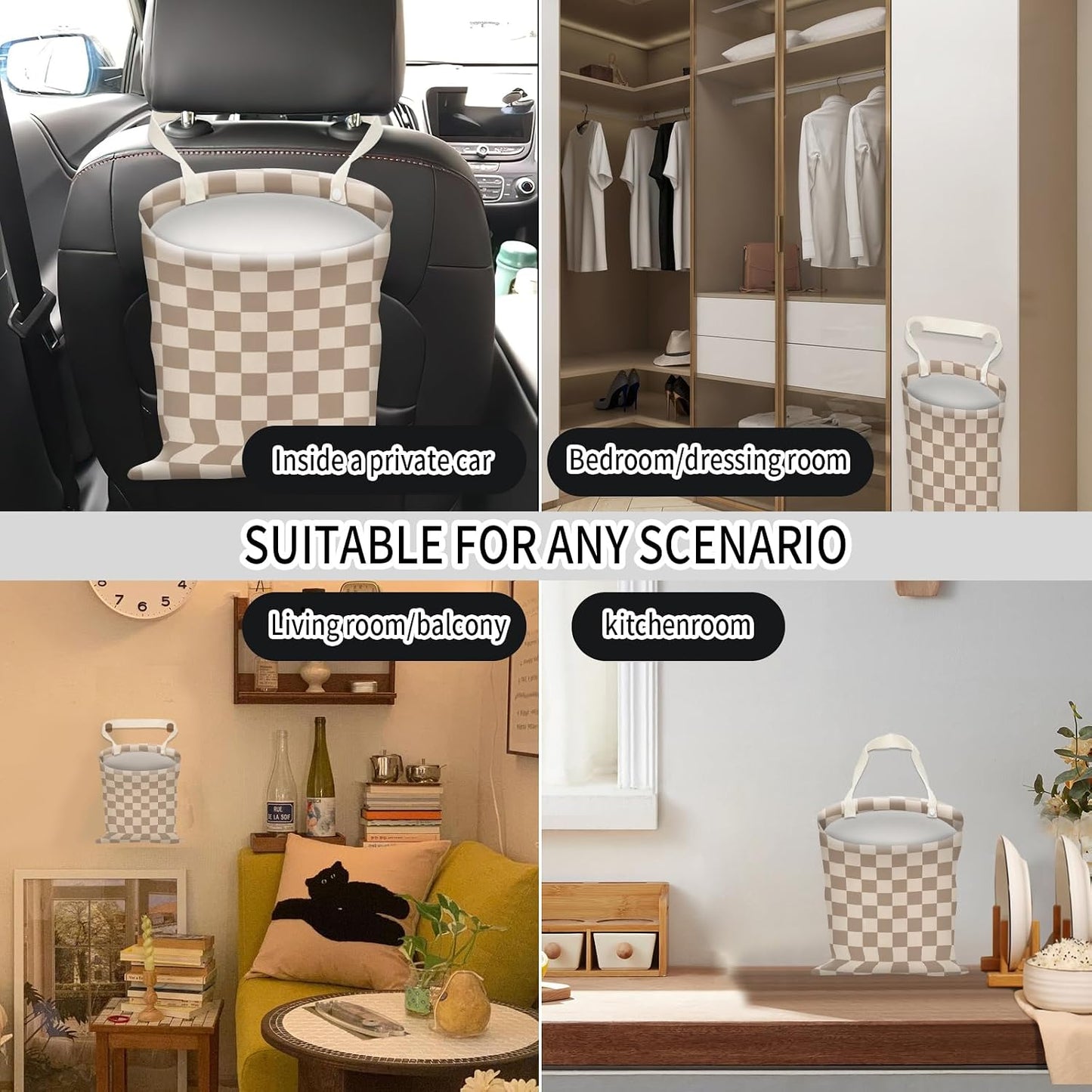 Car Trash Can, Hanging Garbage Bin for Men and Women, Cute Car Organizer and Storage Bag, Canvas Vehicle Trash Can Bag Easy-to-Install Cute Checkboard