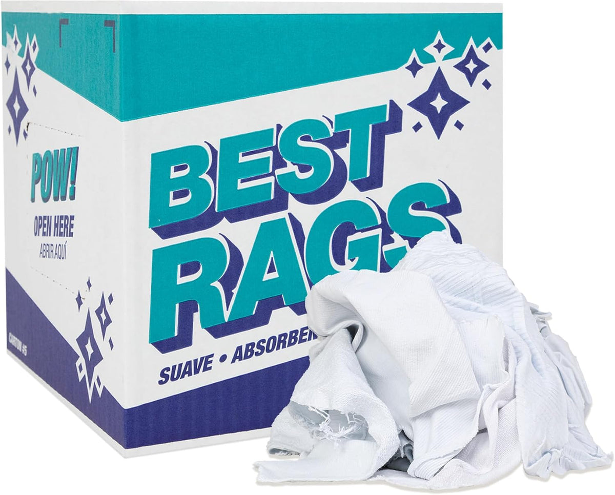 Arkwright T-Shirt Rags Bulk, 5 lb Box, Cotton Cleaning Towels, Low Lint Knit Wiping Cloths for Paint, Stain, Grease, Shop and Auto Use, Absorbent Machine Washable, White