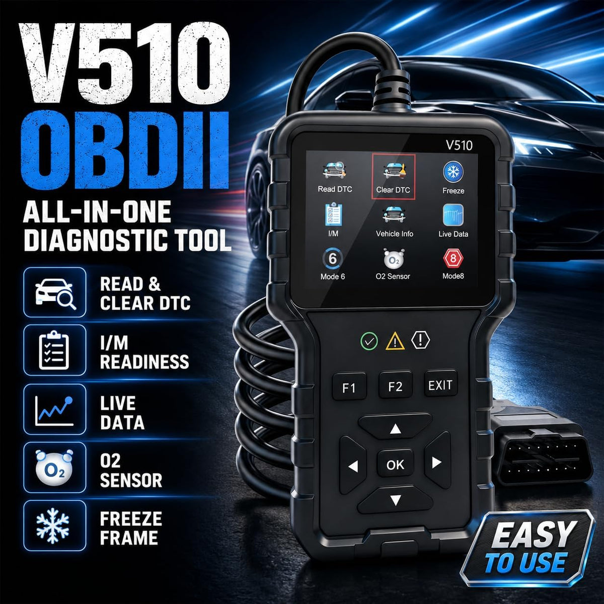 V510 OBD2 Scanner Diagnostic Tool -Code Reader, Reset Function, Data Stream, I/M Readiness, Full OBS2 Function, Modes 6 & 8, for All 1996+ Vehicles