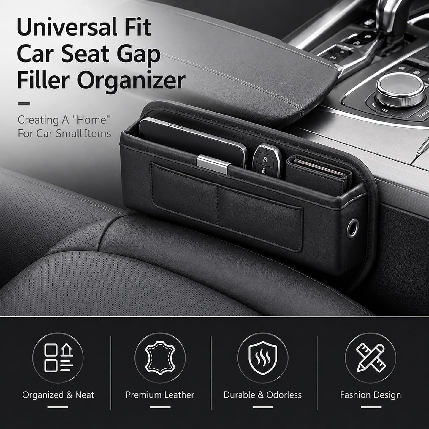 2Pack Universal Fit Premium Leather Car Seat Gap Filler Organizer, Center Console Organizer with Card Slots Front Seat Storage for Phone Cards Keys, Clever Gifts for SUV, Truck & Sedan, Black
