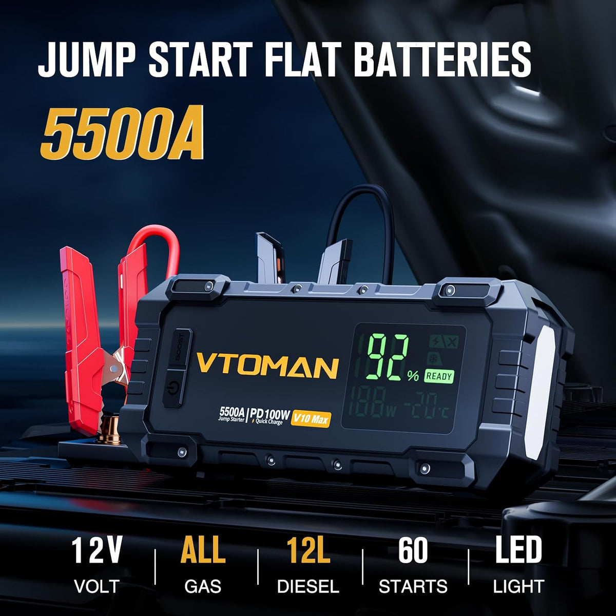 VTOMAN V10 Max Portable Jump Starter with 100W Bi-Directional Fast Charger