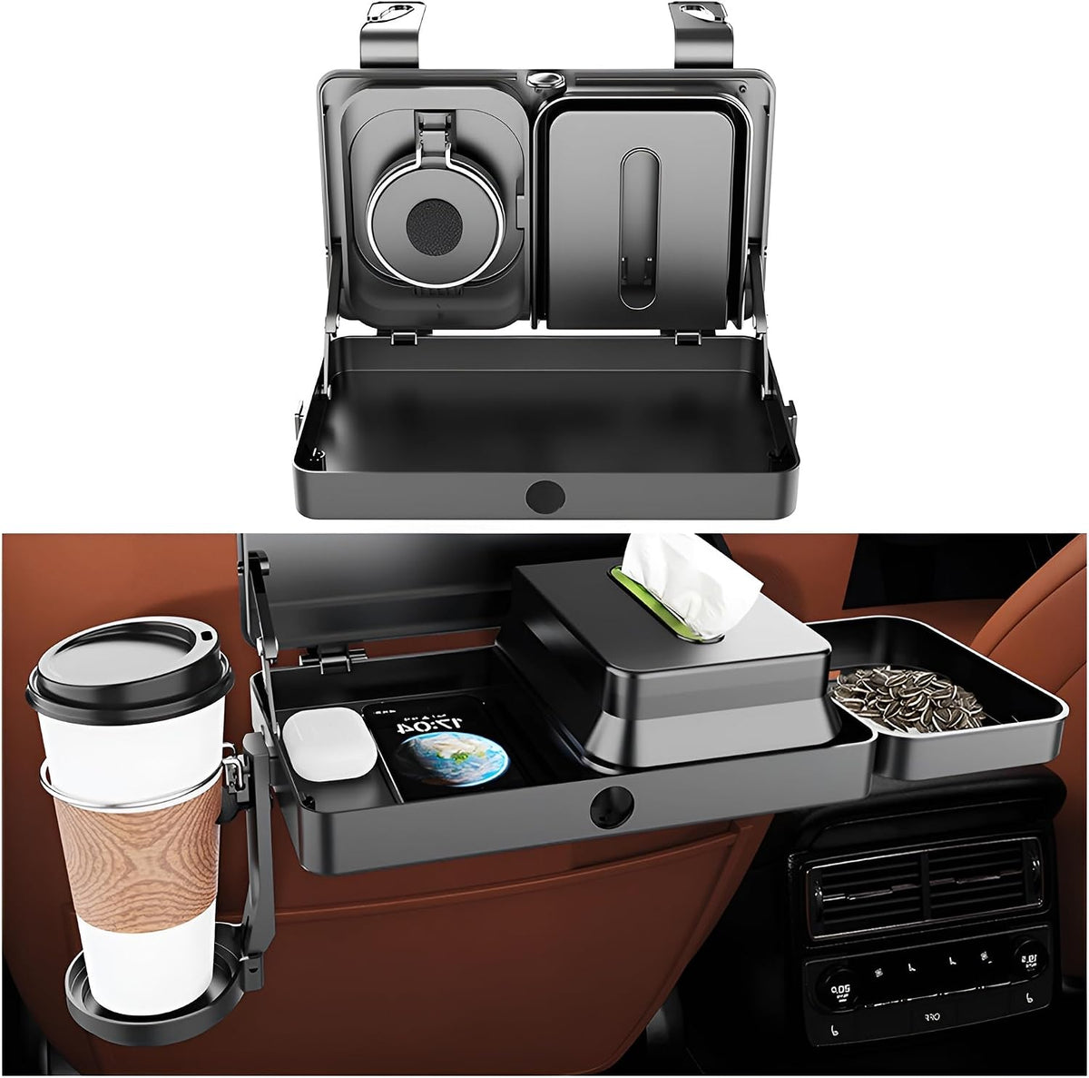 Car Back Seat Tray Table, Stable Foldable Vehicle Backseat Rear Passenger Food Trays Desk with Cup Holder, Multifunctional Automotive Interior Headrest Rear Seat Desk, Universal Fit