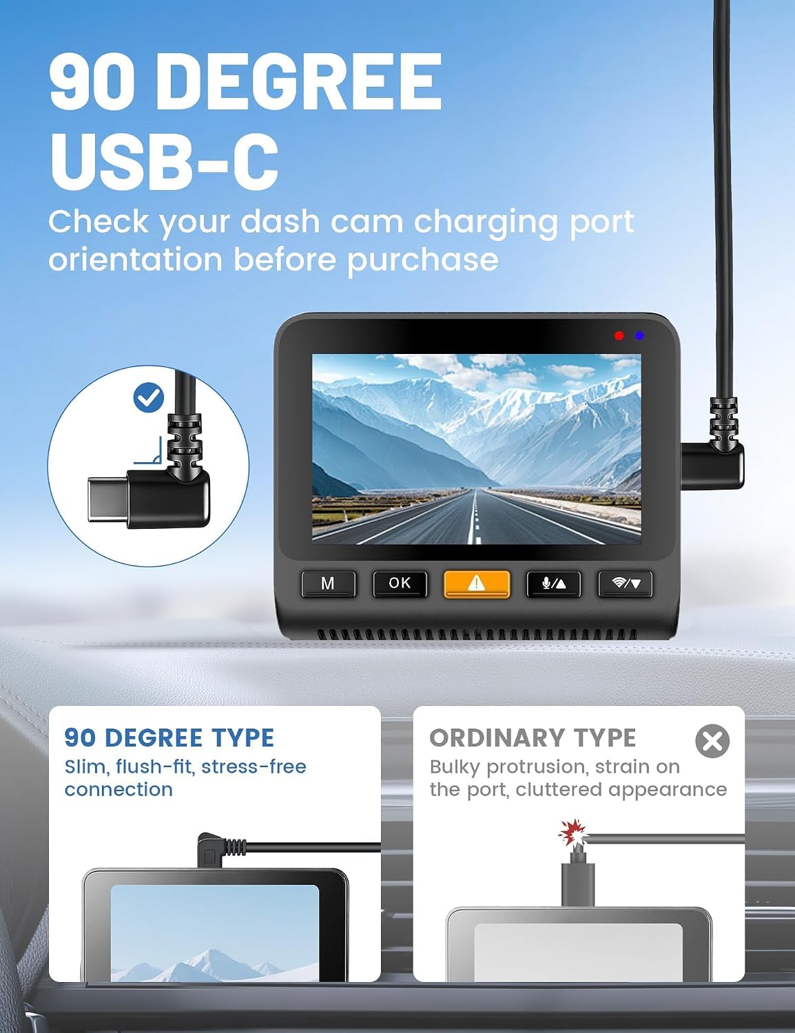 EWAY USB C to 90 Degree USB C Dash Cam Power Cord 10FT, Replacement Type C Dashcam Power Cable for Front Rear Dash Recording Dashboard Camera, Compatible with Car Charger USBC Port for SUV, Truck
