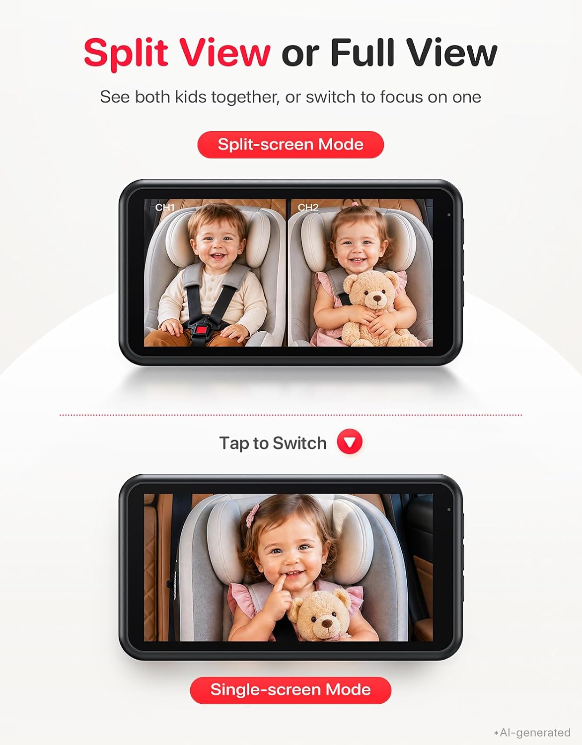 LUCKVIEW Dual Baby Car Camera, 5.2" Split Screen with 2 Cameras