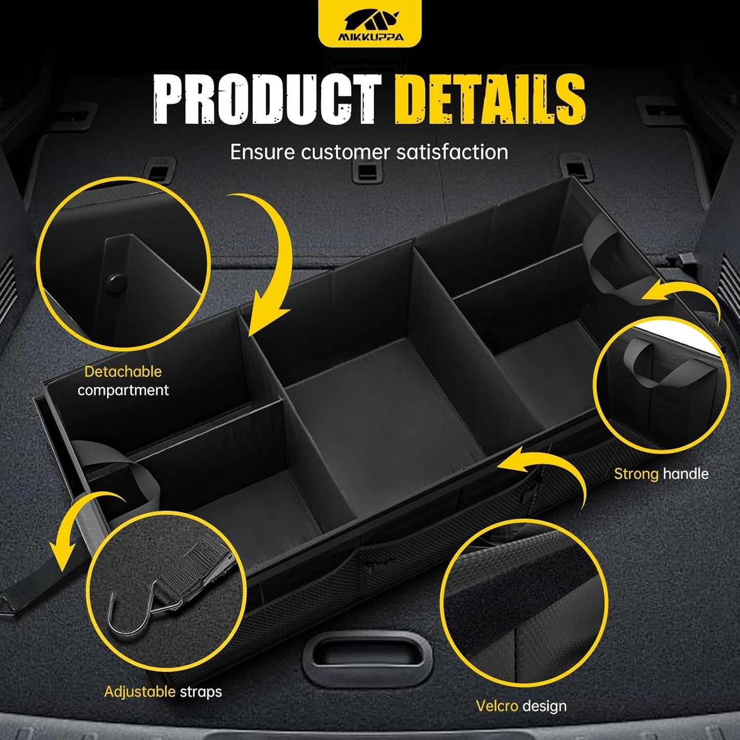 MIKKUPPA Car Trunk Organizer - 95L Collapsible Trunk Organizer with Lid, Sturdy Car Storage for SUV Auto Truck Van with Adjustable Straps and Non Slip Bottom (Black, XX-Large)