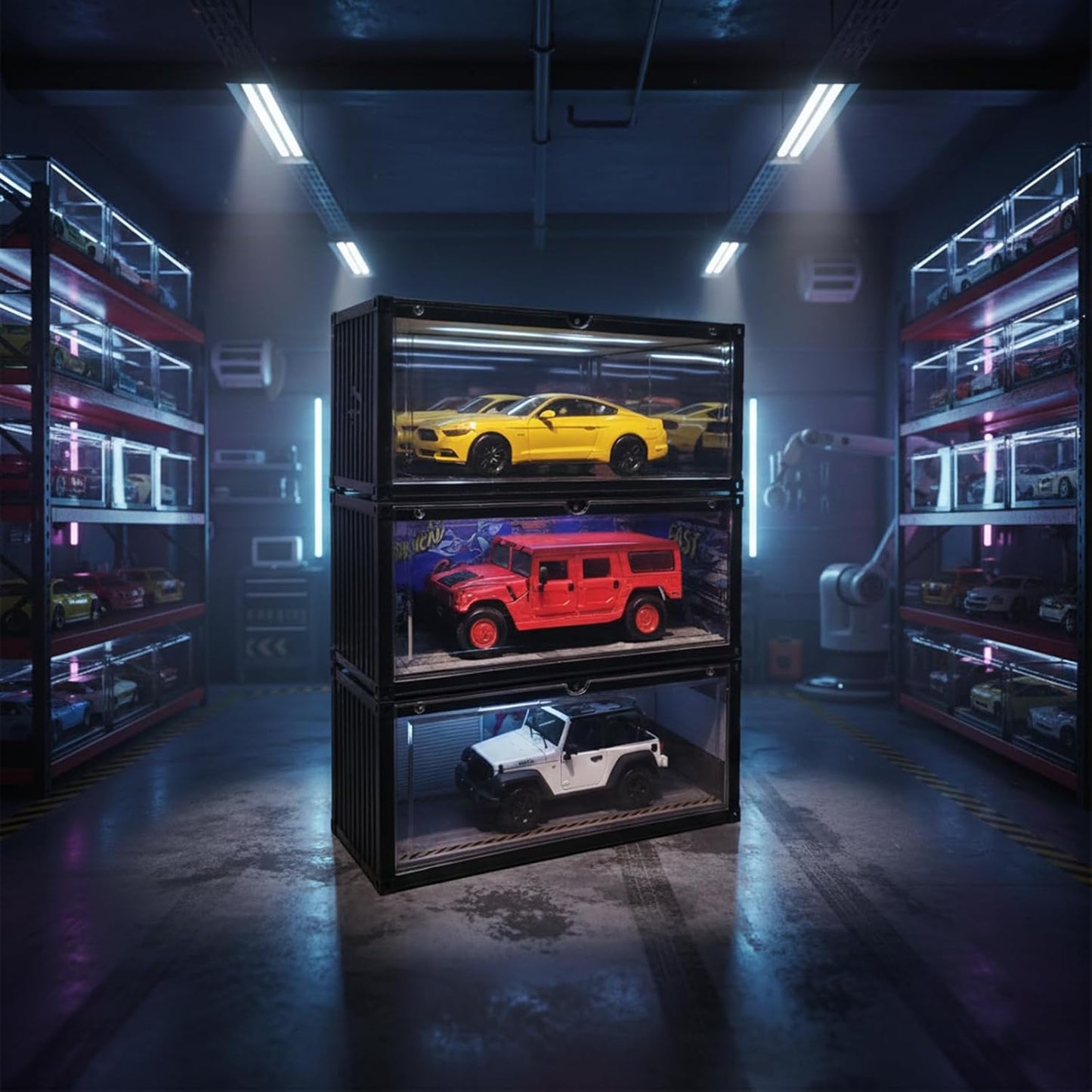Display Case with LED Light for 1/18 Scale Model Car | Shipping Container Style Garage Diorama Show Case - Modern Mirror Reflective Interior, Grid Floor Showroom Design, Stackable