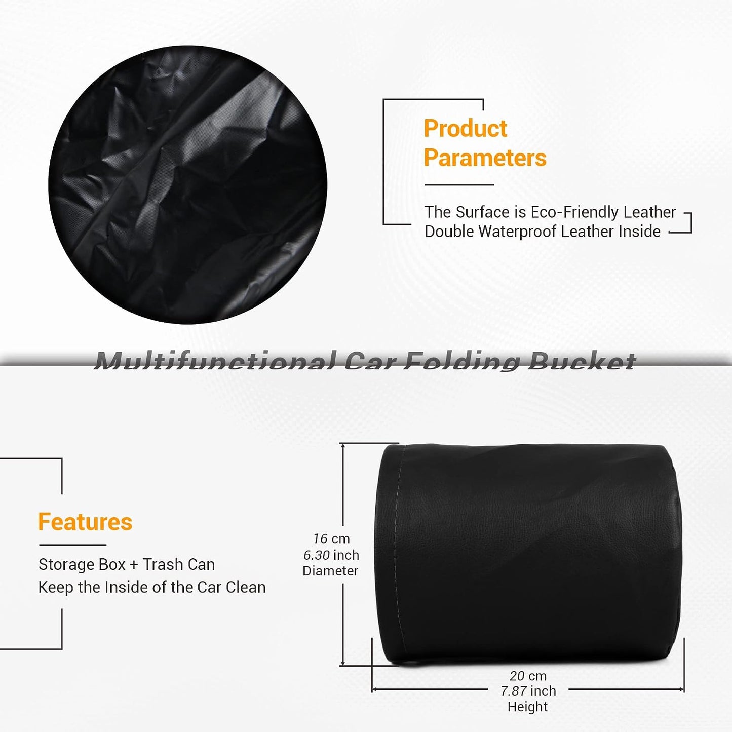 Car Trash Can Foldable PU Leather Car Garbage Can Waterproof Portable Multifunctional Car Accessories Interior Trash Bin Hanging for Headrest Black