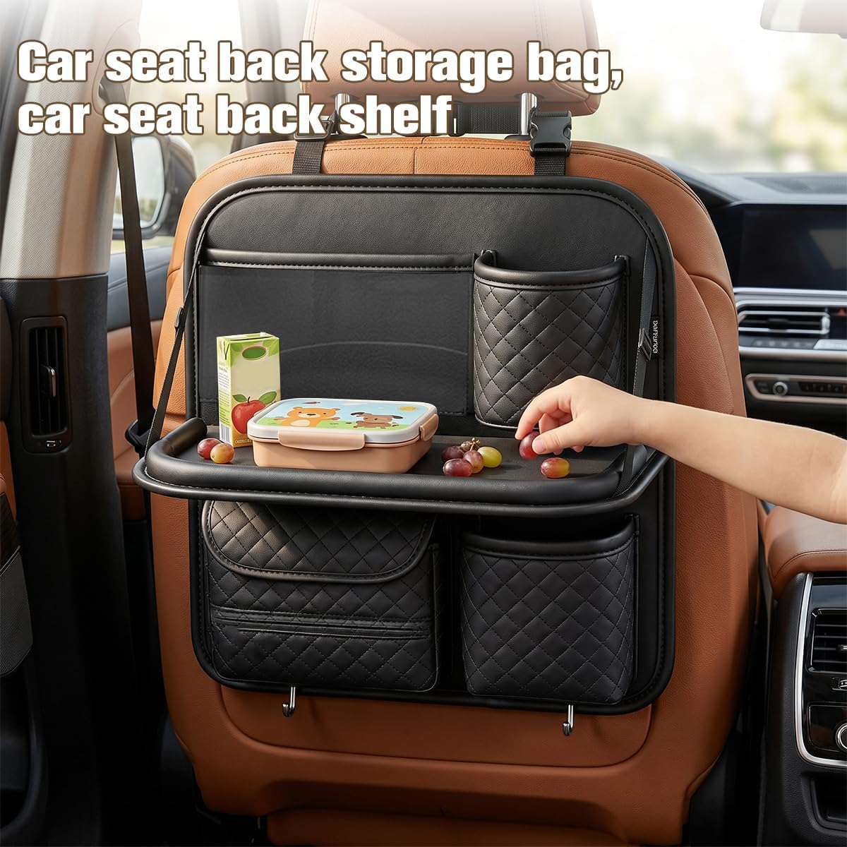 Car Backseat Organizer with Tablet Holder, Back Seat Protector with Storage Pocket & Foldable Food Tray, Auto Kick Mat Backseat Organizer Accessories for Travel Trip, Universal Fit (Black)