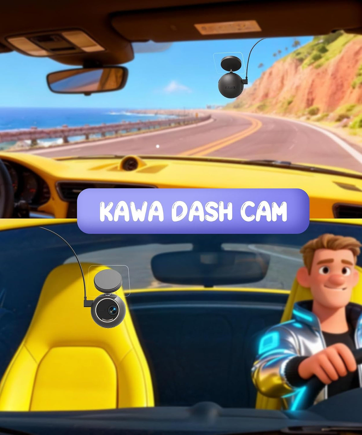 KAWA Dash Cam 2K, Mini Spherical with Voice Control & WiFi Car Camera