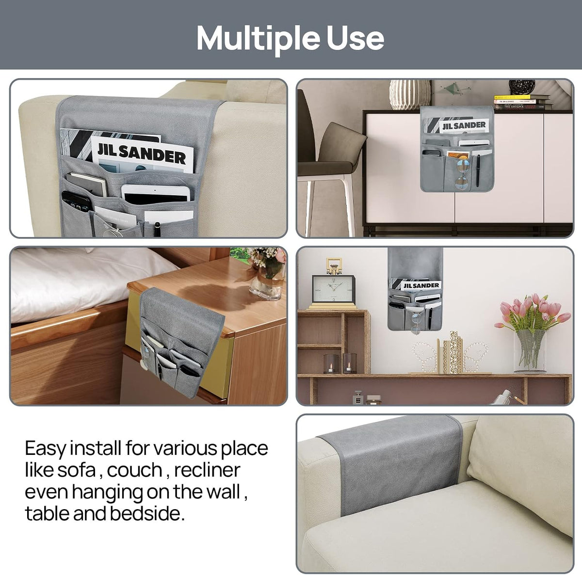 Teniux Remote Control Holder GRS Certified Armrest Organizer with 6 Pockets for recliner couch sofa, Recycled Material Armchair Caddy for Smart Phone, Book, Magazines, Ipad(Grey)