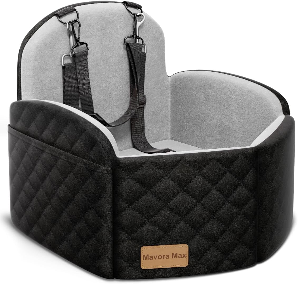 Dog Car Seat for Small/Medium Dogs, Memory Foam Puppy Car Seat Elevated Dog Booster Seat Up to 35 lbs, Fully Detachable Washable, Travel Safety Pet Seat with Storage Pockets (Black/Grey)
