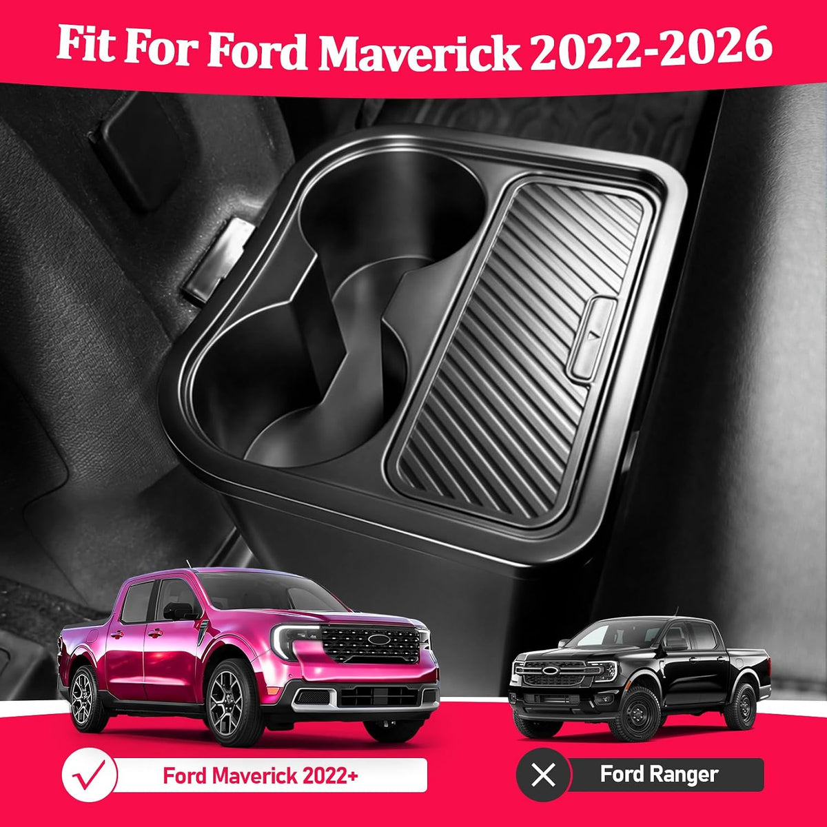 Upgraded Trash Can for Ford Maverick 2022-2026, Rear Seat Bin with Dual Cup Holder Compatible with Maverick Interior Accessories, Multi-Function Insert Expander Storage Box Organizer