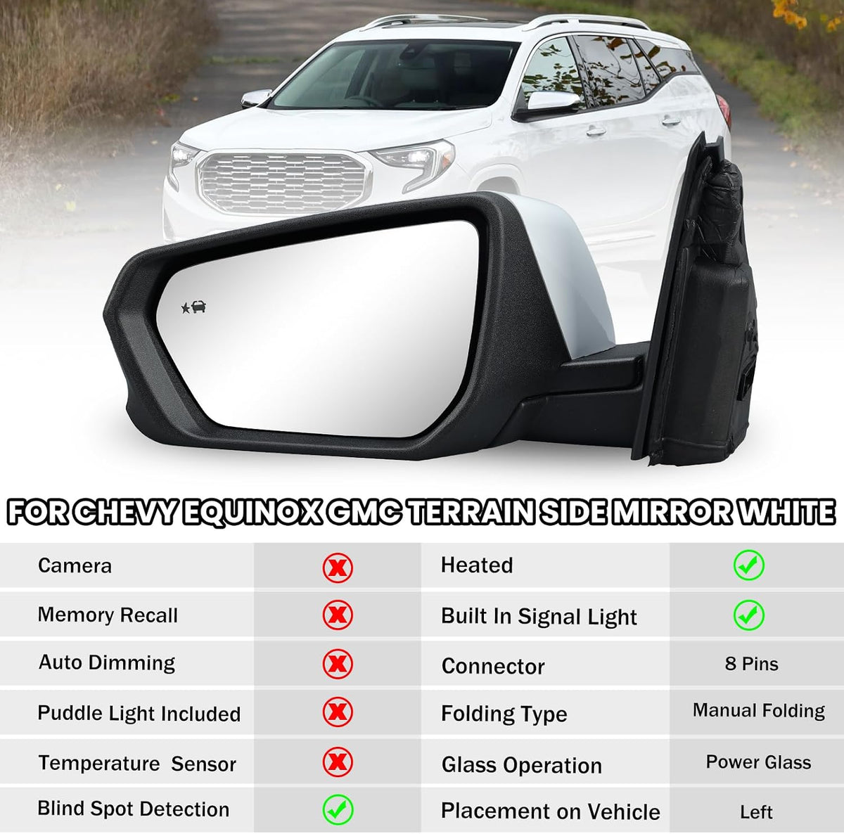Driver Side Mirror for 2018-2024 Chevy Equinox GMC Terrain 8Pins(White)