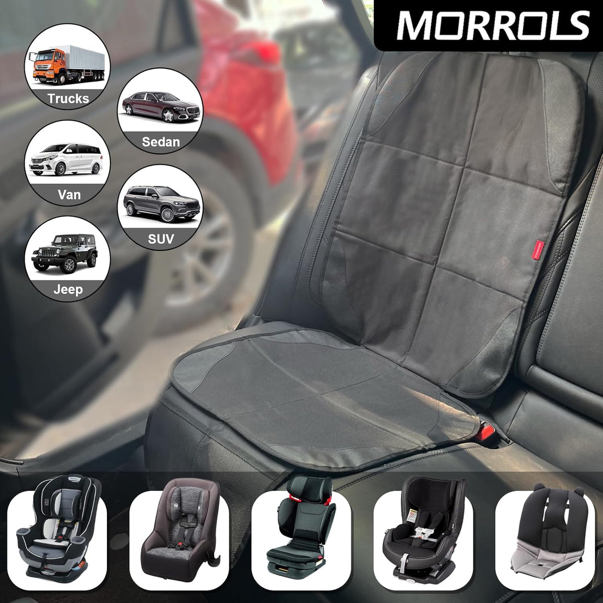 MORROLS Car Seat Protector for Child Seats,1 Pack Car Seat Cushion,Waterproof Fabric Car Seat Covers for Non-Slip Backing Mesh Pockets for Baby,Pet,SUV, Sedan and Trunk(Black)