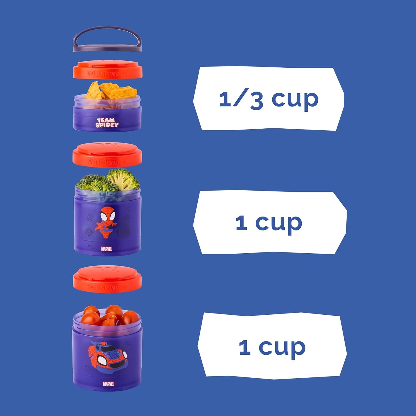 Whiskware Spider-Man Team Spidey Stackable Snack Containers for Babies, Kids, and Toddlers, 3 Stackable Snack Cups for School or Travel, Cupholder Friendly, Peter Parker