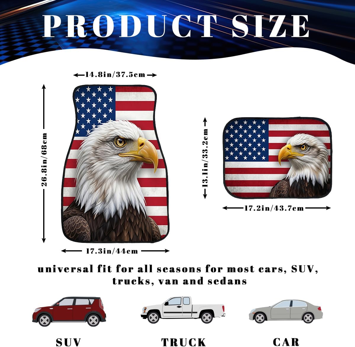 America Car Floor Mats Bald Eagle Red White Blue Carpet Front Rear Carpets Mat Decorative Car Floor Carpets Non-Slip Auto Car Accessories Universal Fit Car Accessories for Truck