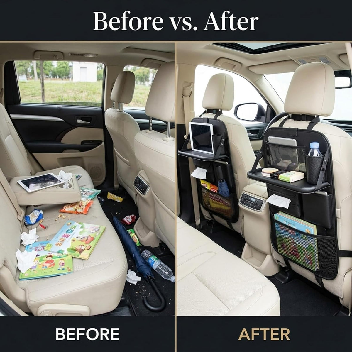 Car Seat Back Organizer with Foldable Tray, Tablet Holder & Pockets