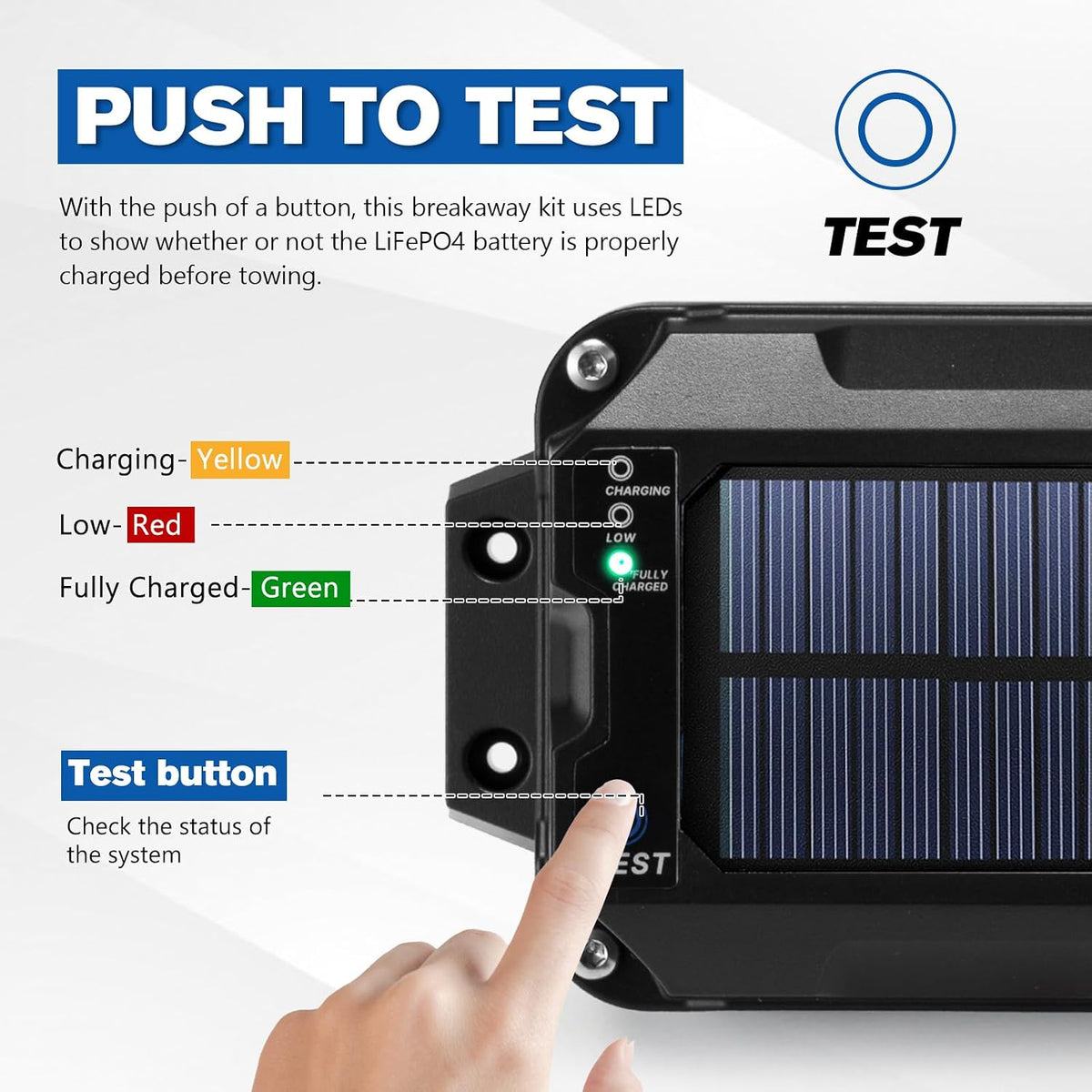 ATEM POWER Trailer Brake Controller Kit with Switch 12V 3AH LifePO4 Lithium Battery Trailer Breakaway Kit Brake Controller Bulit-in Solar Panel LED Indicator Break Away System for Trailer Caravan IP65
