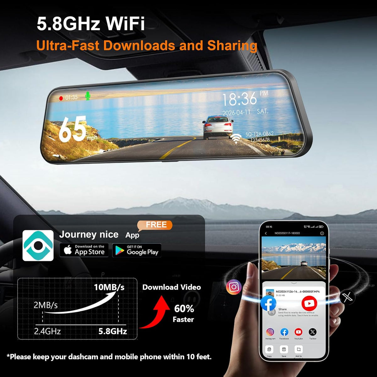 4K Mirror Dash Cam, 12" Touch Screen, STARVIS Front 4K, STARVIS 2 Rear, BSD