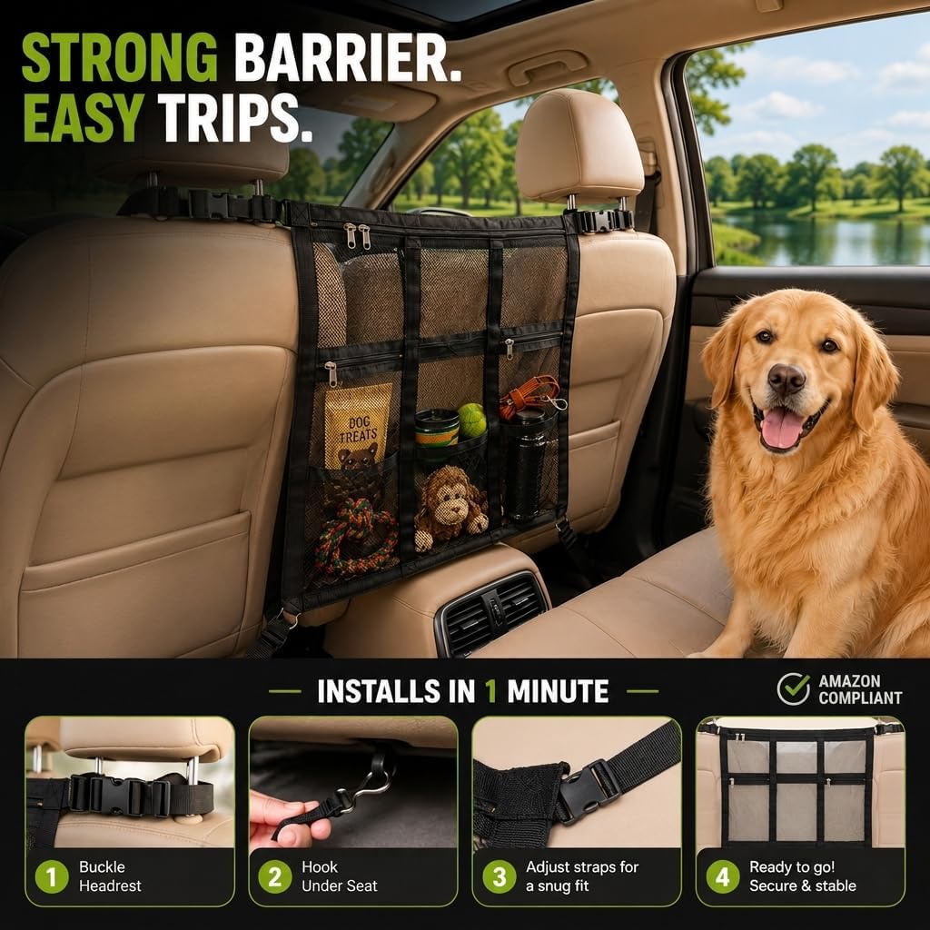 Dog Car Barrier 2026 Upgrade, Double Layer Mesh Dog Net for Car Divider with Storage Organizer, Universal Fit for SUVs, Sedans & Trucks, Easy to Install & Breathable Vehicle Travel Fence