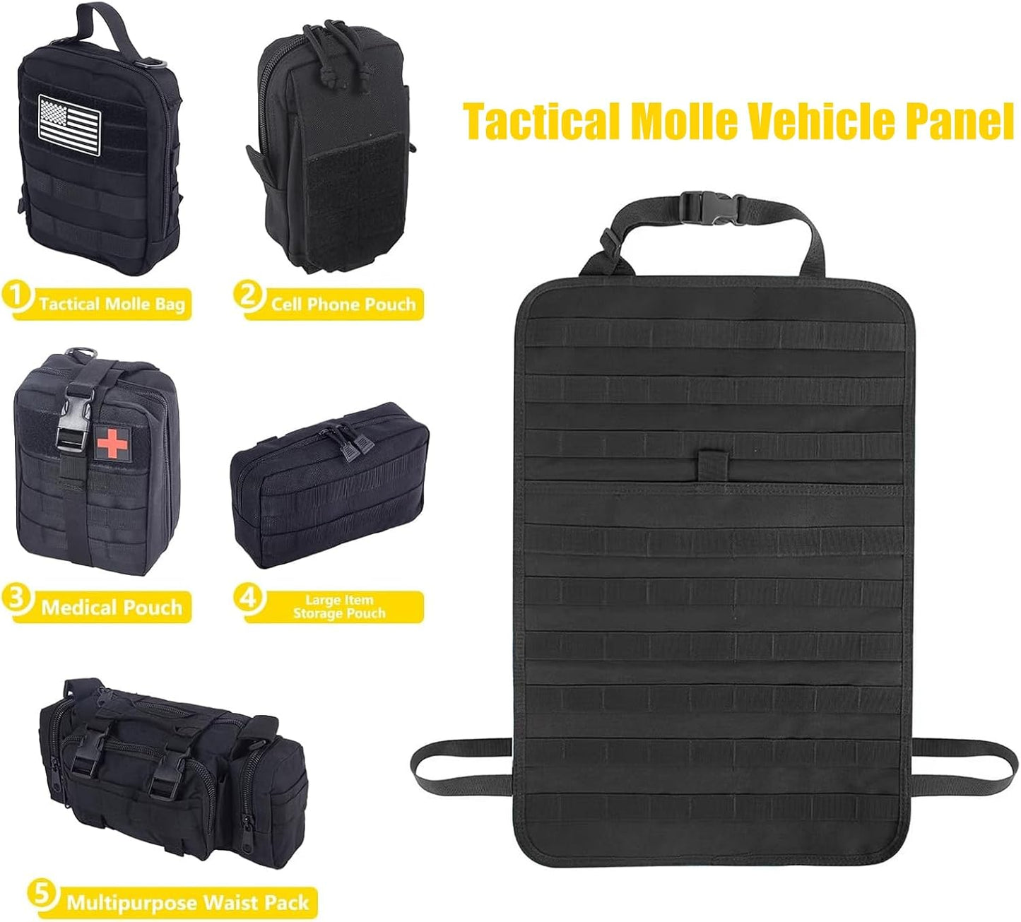 Jimikay Tactical Car Seat Back Organizer Hanger Bag with 5 Detachable Molle Pouch Vehicle Molle Panel Organizer Storage Bag Universal for for most car models (Black)