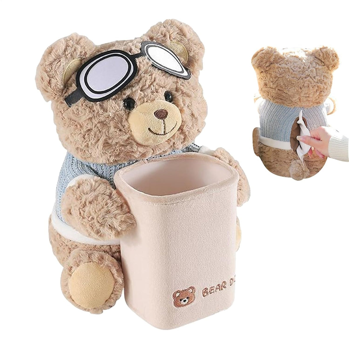 Bear Tissue Holder for Car | Cute Plush Bear Tissue Box Holder & Trash Can with Waterproof Liner | Multi Functional Trash Storage Box, for Armrest Bathroom Sofa