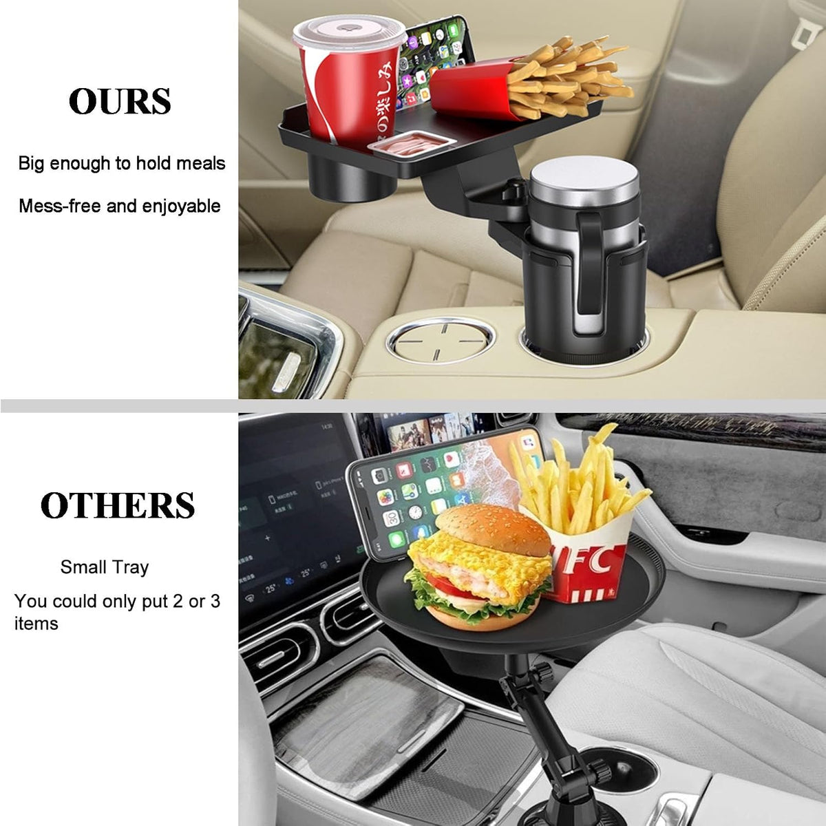 Cup Holder Tray, Detachable 360° Rotatable w/Phone Mount, Fits 2.6‑3.9 Inch