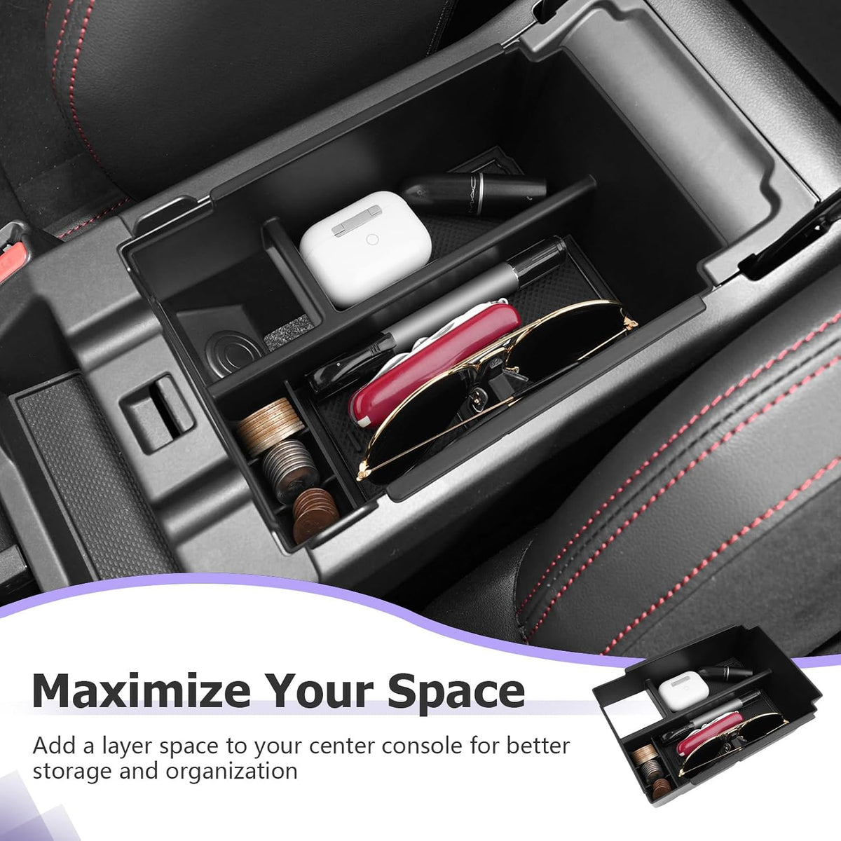 LUWU Center Console Organizer Compatible with 2022-2024 2025 2026 Subaru WRX Accessories Armrest Console Secondary Storage Box Insert Tray ABS Material Black (CVT Automatic Performance Transmission)
