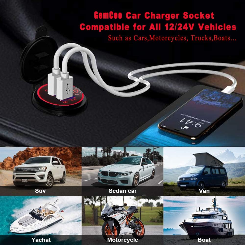 Quick Charge 3.0 Dual USB Car Charger Socket with Touch Switch 12V/24V 36W QC3.0 Dual USB Fast Charger Socket Power Outlet for Marine, Boat, Motorcycle, Truck, Golf Cart(Red)