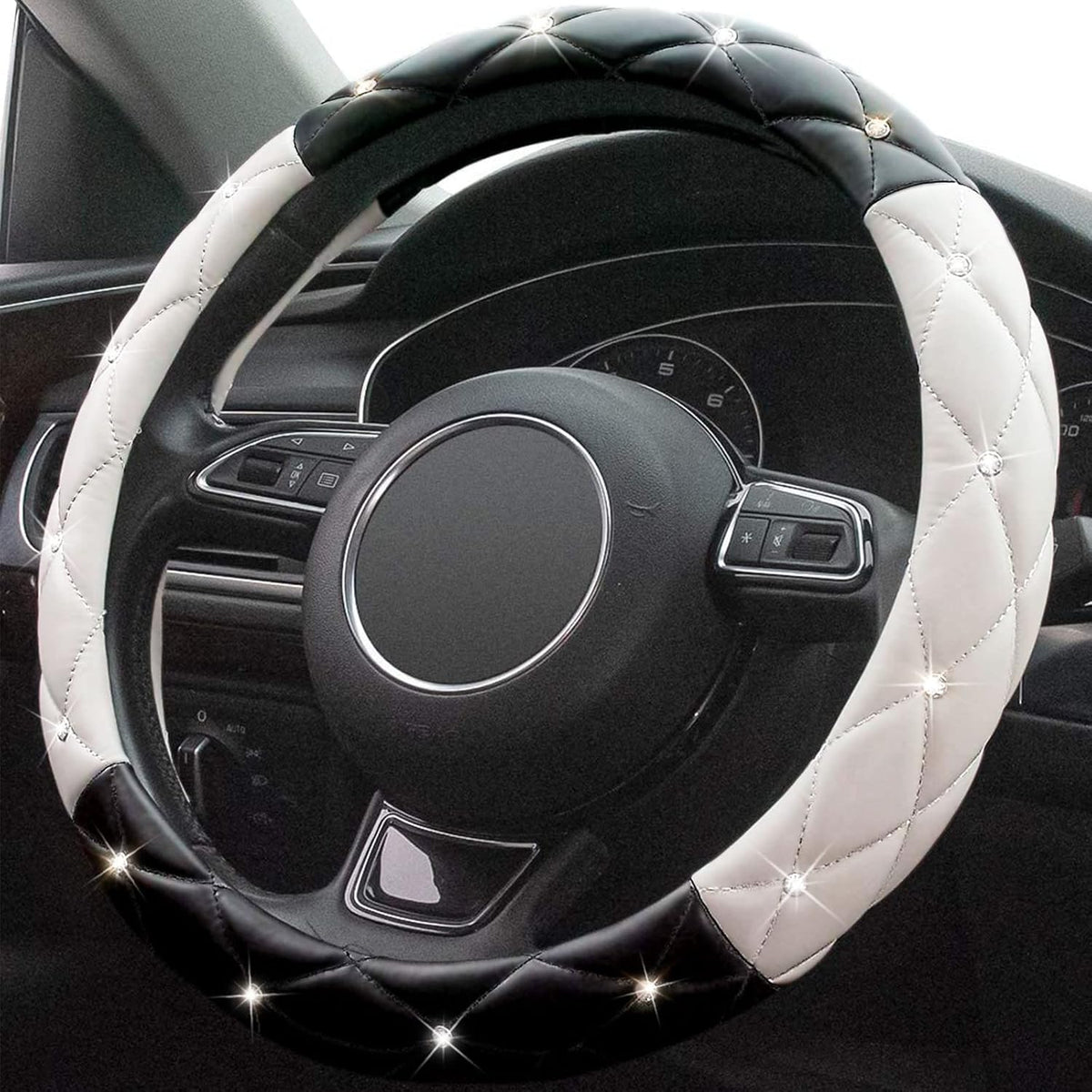 Diamond Leather Bling Steering Wheel Cover, Universal Car Steering Wheel Protector with Crystal Rhinestones Anti-Slip Soft Interior Accessories for Women and Girl Fit 15 inch -Black