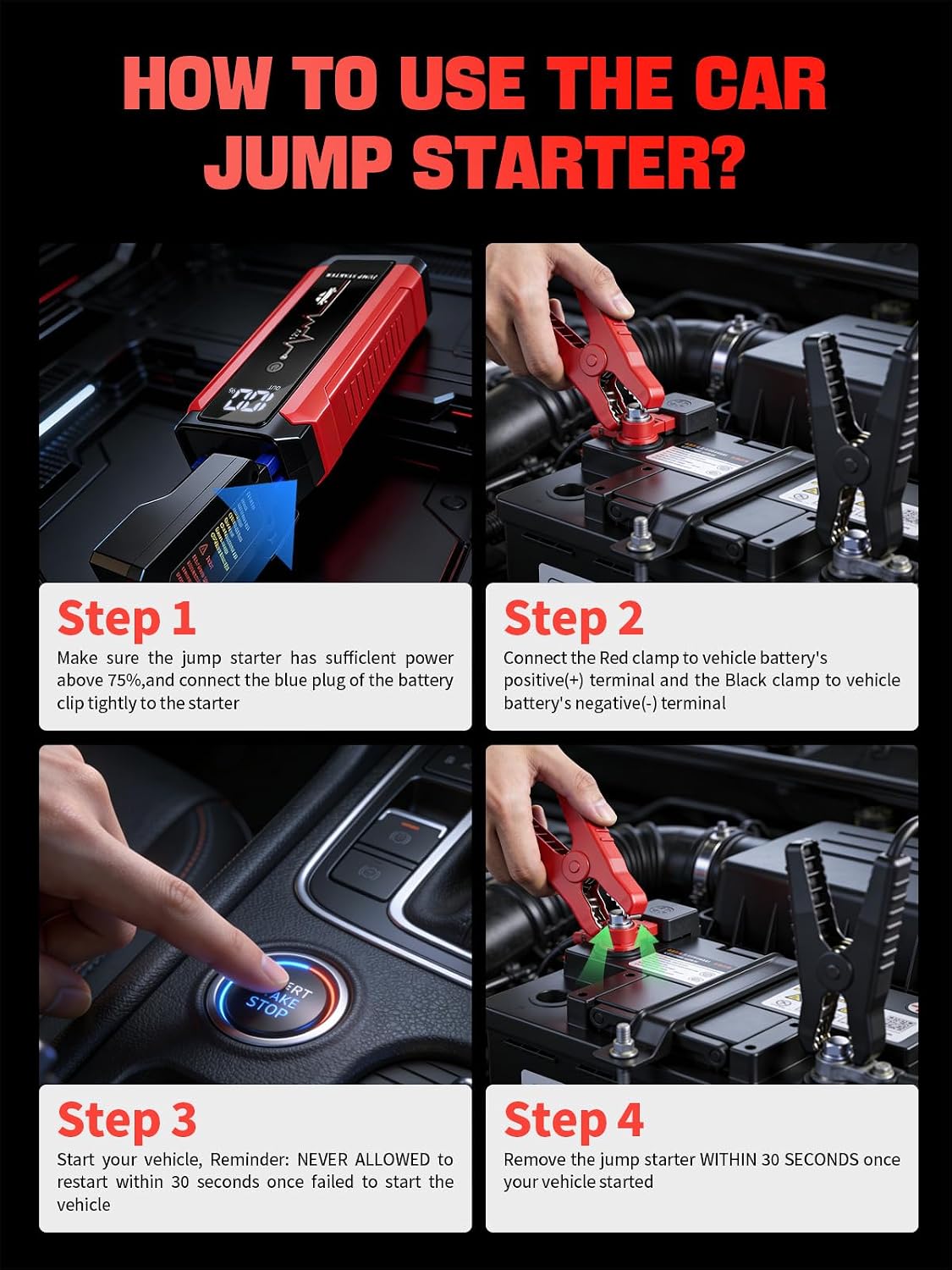 Car Battery Jump Starter,1200A Peak Portable Jumper Starter Battery Power Pack for 12V Gasoline Car,Portable Jump Box with 3Modes Flashlight and Jumper Cables CarStarter with LCD Display and LED Light