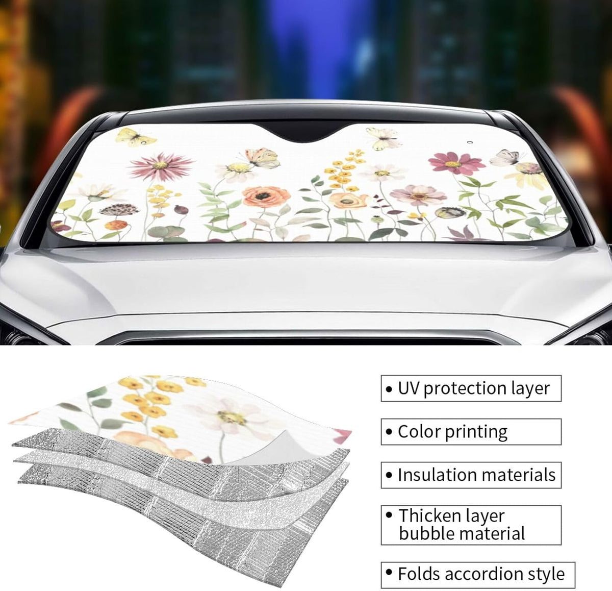 Flower Floral Butterfly Windshield Sun Shade Front Protector Folding Car Sun Visor Blocks Uv Rays Keeps Your Vehicle Cool