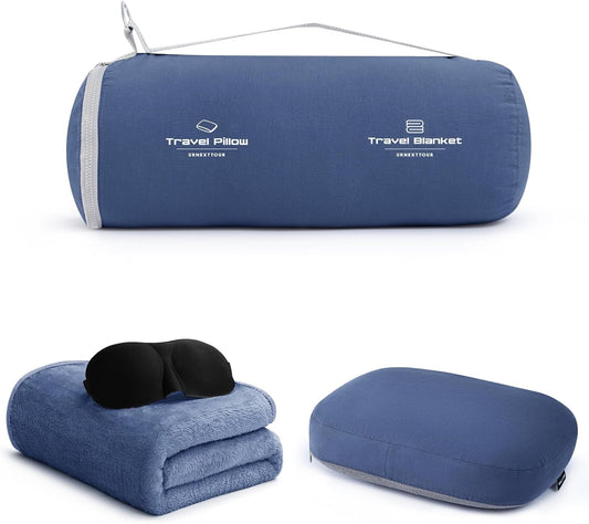 urnexttour 4-in-1 Travel Pillow & Blanket Set with Eye Mask, Memory Foam Neck Support, 50x65 Inch Blanket, Storage Bag for Airplane, Car, Train, Home Travel Blue