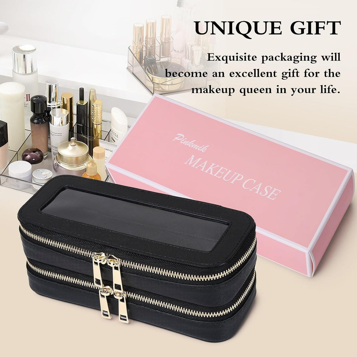 Pinkmik Double Layer Makeup Bag, Black, Double SLIM