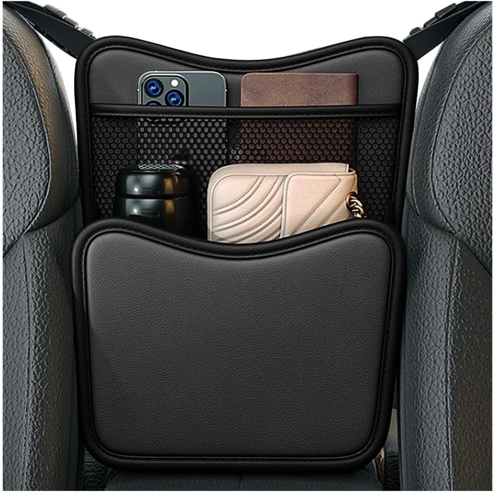 Car Purse Holder Between Seats, Nappa Leather Front Seat Storage Bag with Tissue Holder, Large Capacity Automotive Console Organizer for Document Phone Wallet, Car Accessories (Gray)