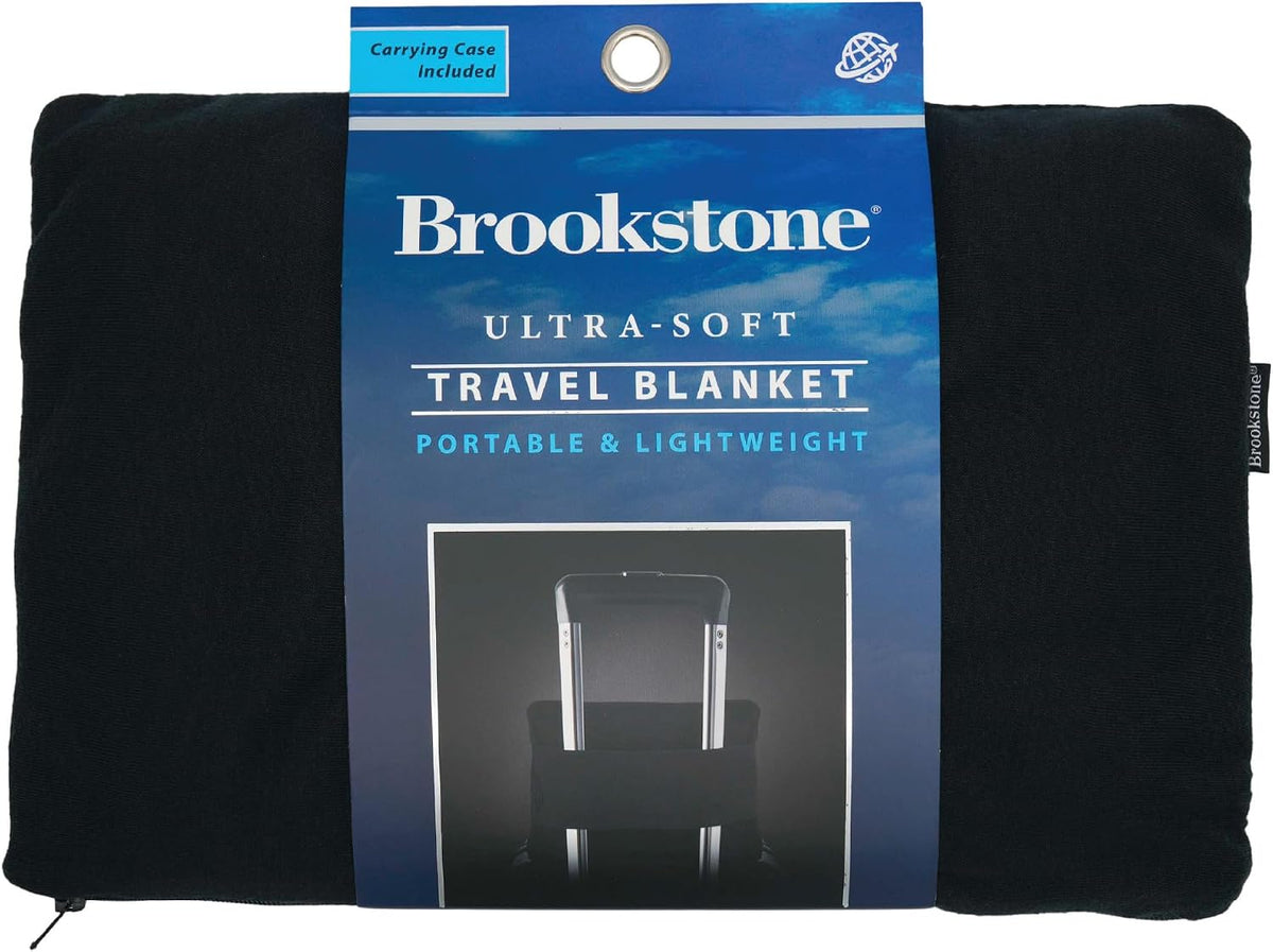 Brookstone Travel Blanket - Super Soft Fleece Throw Blanket with Foot Pocket, Lightweight & Compact Travel Blanket, Plane & Road Trip Essentials, Black Foot Pocket