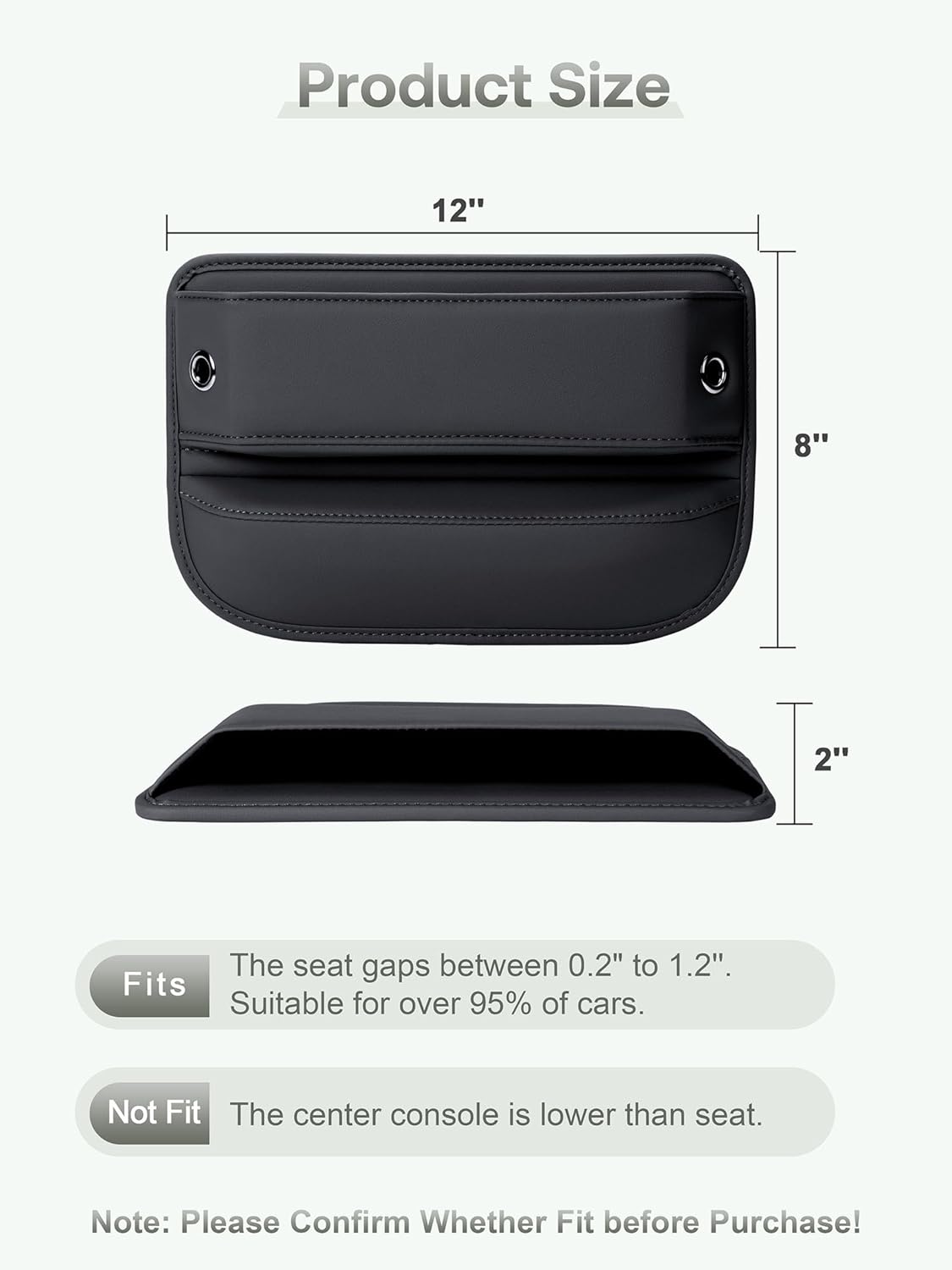 Premium Leather Car Seat Gap Filler Organizer (0.2”-1.2" Gaps), Clever Gifts for Car SUV Truck Owners (Black, 1 Pack)