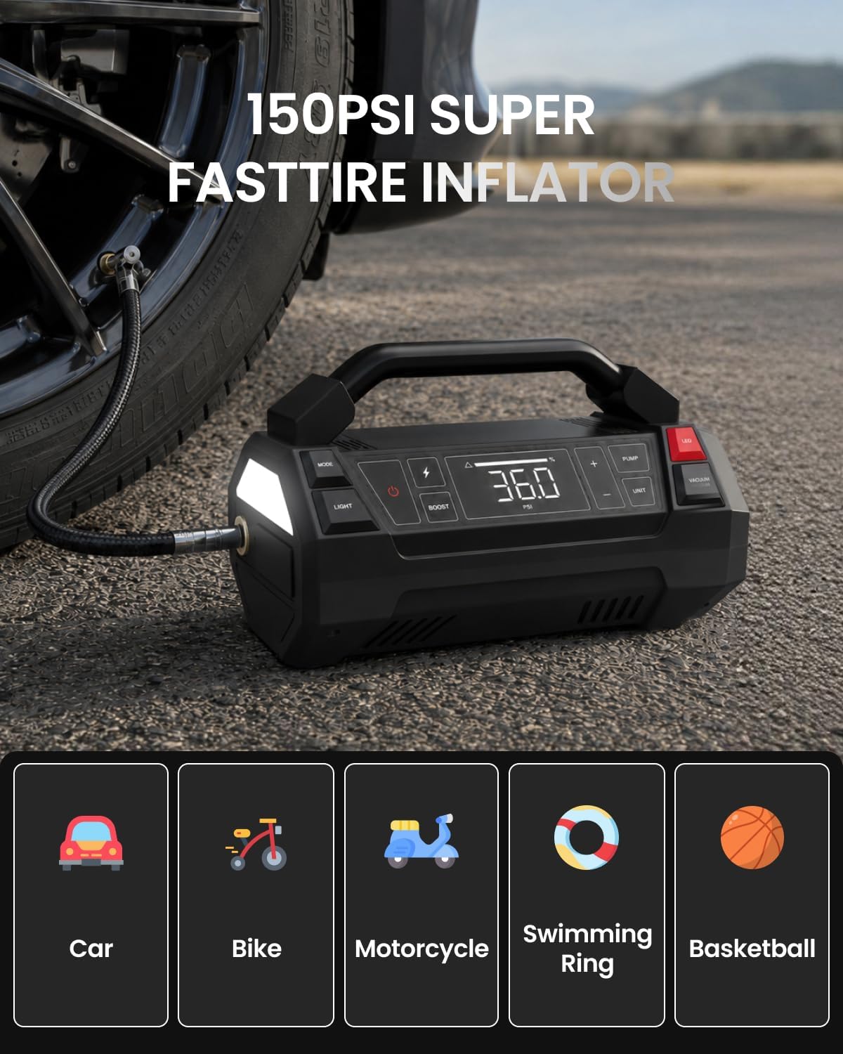 Tire Inflator Portable Air Compressor, Jump Starter, Car Vacuum Cleaner & LED Work Light, 4-IN-1 Multi-Function Design Cordless Tire Inflator with Digital Display for Cars