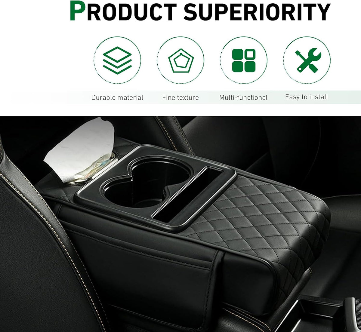 Car Armrest Cushion, 5-in-1 Center Console Cover Organizer, Multi-Functional Car Armrest Storage Box with 2 Cup Holder, Car Accessories Interior Organizers for Most Cars (Black)