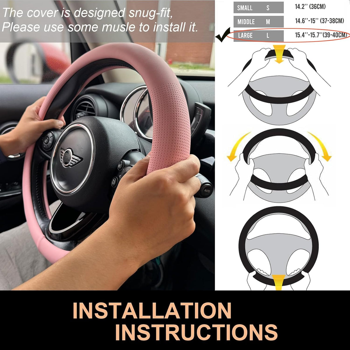 PINCTROT Large Size Nappa Leather Steering Wheel Cover 15.75In (Nappa Pink)