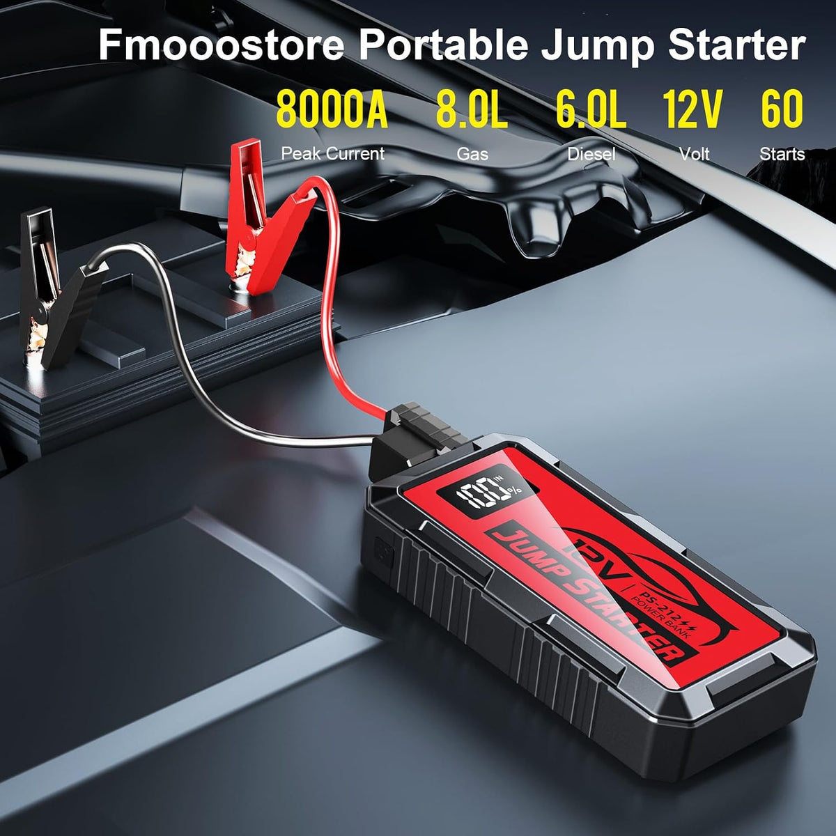 8000A Car Jump Starter, 12V Jump Starter Battery Pack (All Gas,up to 10.0L Diesel Engine) Jumper Cables Portable Lithium Jump Box, USB Output and LED Light (red)
