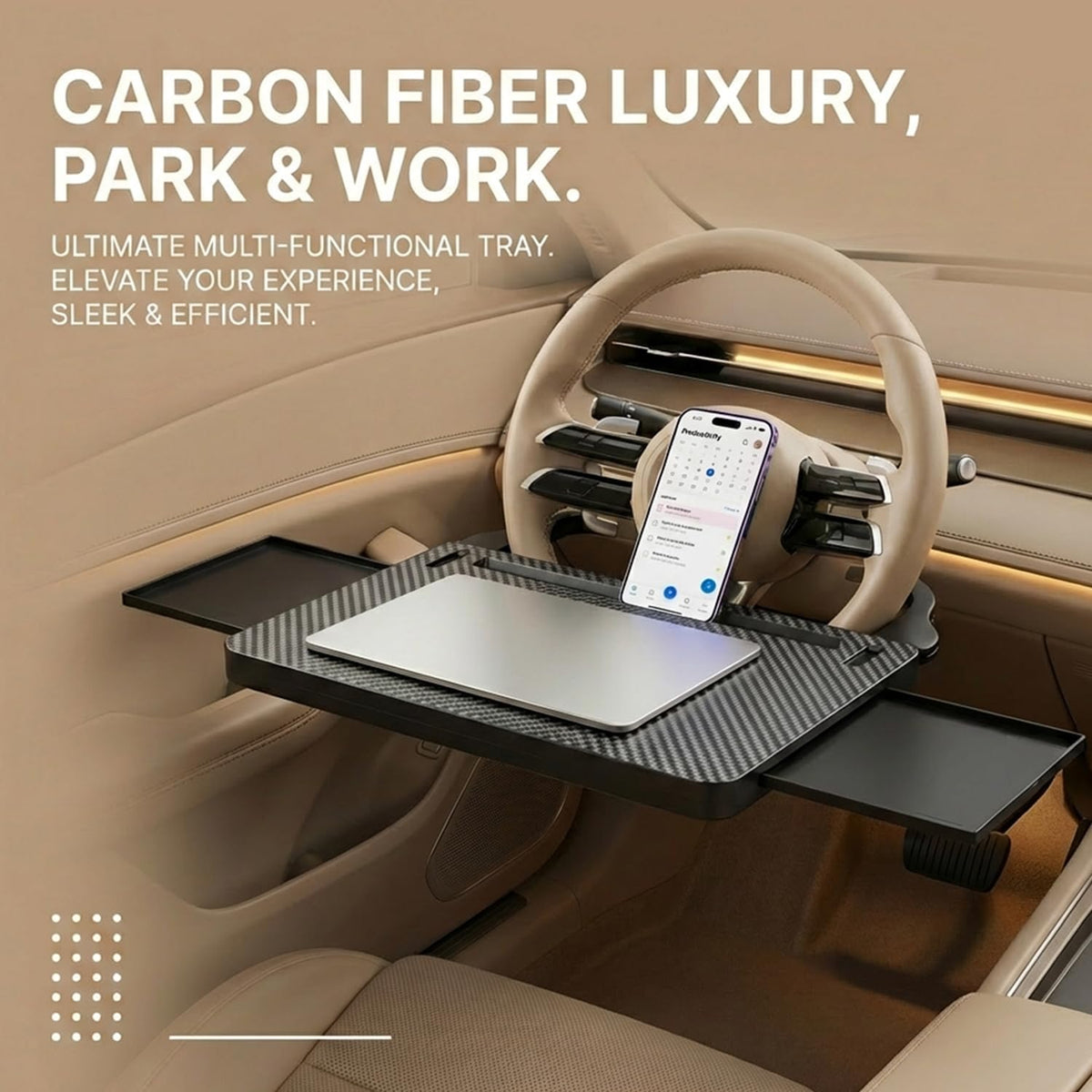 Car Back Seat Tray Table with Expandable Tray - 2-Sided Car Desk for Kids & Adults, Extra Wide & Sturdy Headrest Mount with Non-Slip Pad, Tablet/Laptop Holder for Road Trip(Carbon fiber front panel)