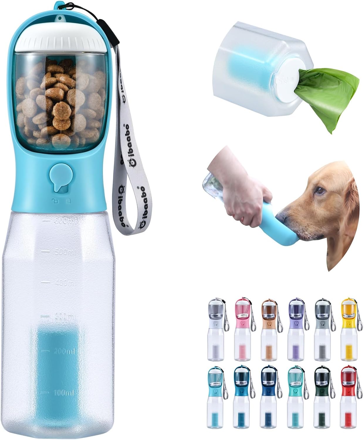 Cibaabo Dog Water Bottle with Food Container &amp; Poop Bag Holder &amp; Filter | Travel Water Bowl, Portable Pet Dispenser, Dog Gifts, Puppy Essentials for Walking Hiking