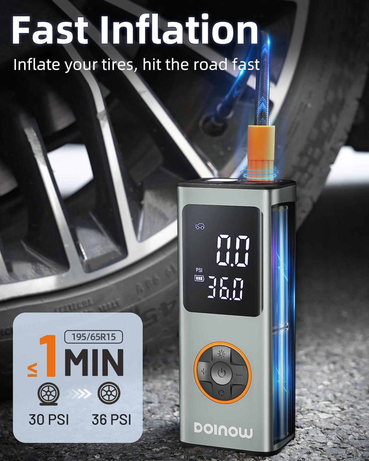 Tire Inflator Portable Air Compressor, 150 PSI Cordless Bike Pump, Air Pump for Auto, Motorcycle, Bicycle, Balls with Pressure Gauge, LED Light & Accessories, Cigarette Lighter Power Cord, Gray