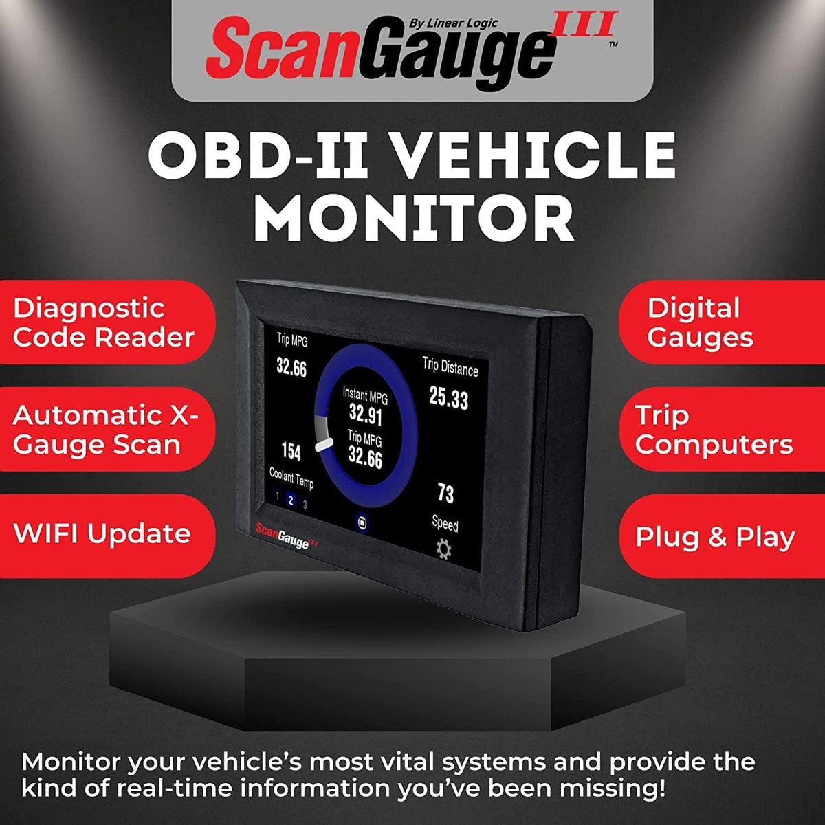 ScanGauge 3 Touch Screen OBD2 Scanner, Digital Gauges & Trip Computer SG3