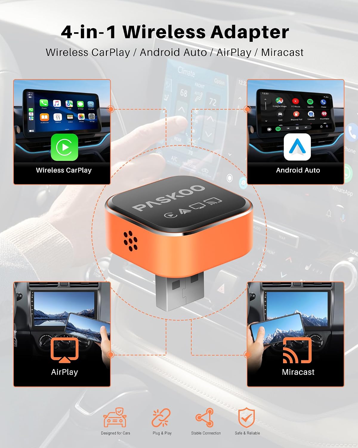 PASKOO Wireless CarPlay Adapter for Apple iPhone & Android Phones, Multi-User Seamless Connection for Convert Wired to Wireless Car Play Adapter, Zero Latency, Plug & Play for 2016+ Vehicles