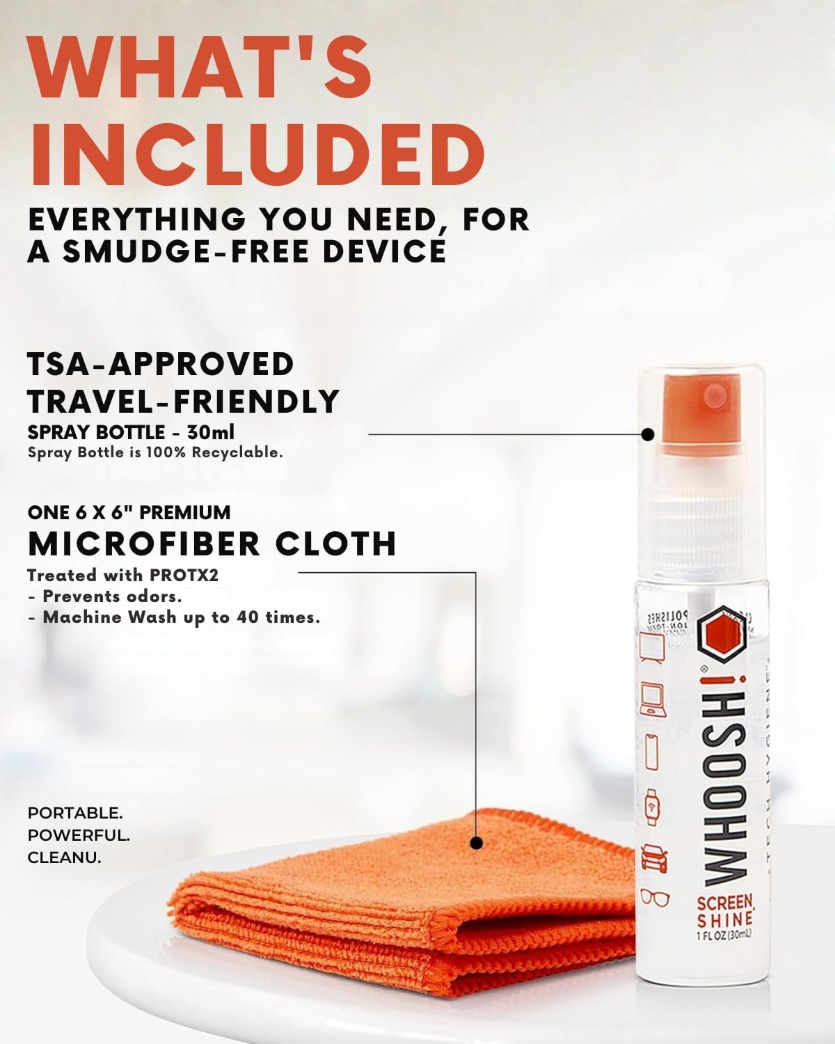 WHOOSH! Screen Shine Go - 1 fl oz Refillable Screen Cleaner Kit with Microfiber Cloth for MacBook, Phone, iPad & Eyeglasses - Powerful Streak-Free Cleaning - Pocket-Sized, TSA-Approved for Travel
