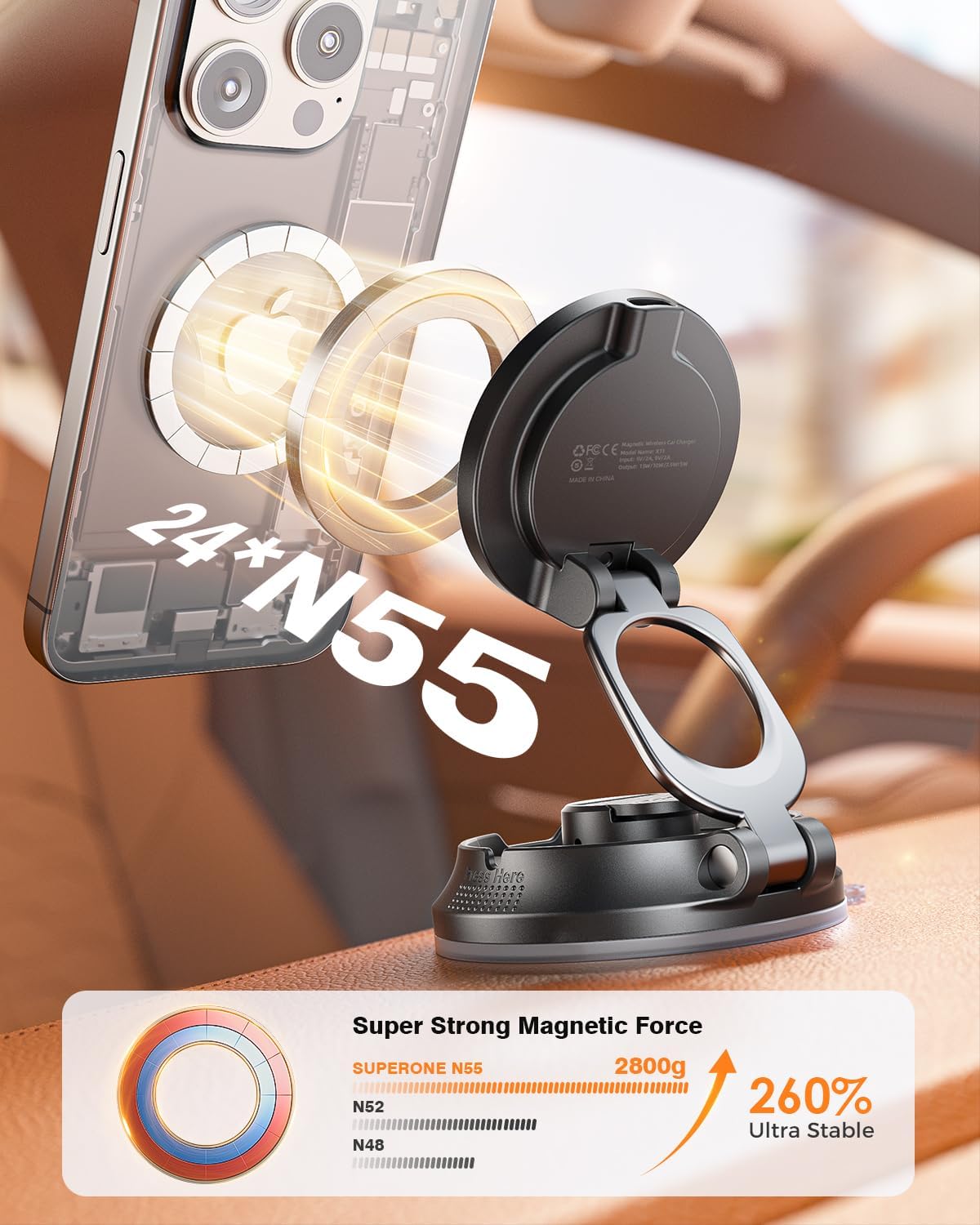 SUPERONE for MagSafe Car Mount Charger, 15W Fast Charging Magnetic Wireless Car Charger [88+LBS Ultra Suction & 2800gf Strong Magnetic] 360° Vacuum Magnetic Phone Holder for iPhone