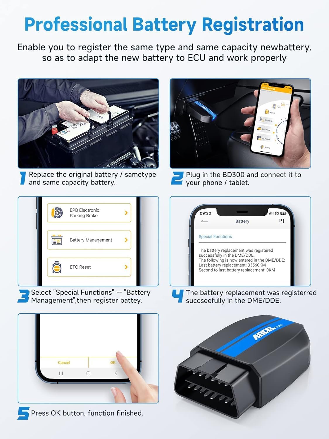 ANCEL BD300 Bluetooth OBD2 Scanner, Full System Code Reader and Diagnostic Tool for BMW with Battery Registration Service Reset EPB CBS ETC ABS Airbag & Powerful OBD2 Functions