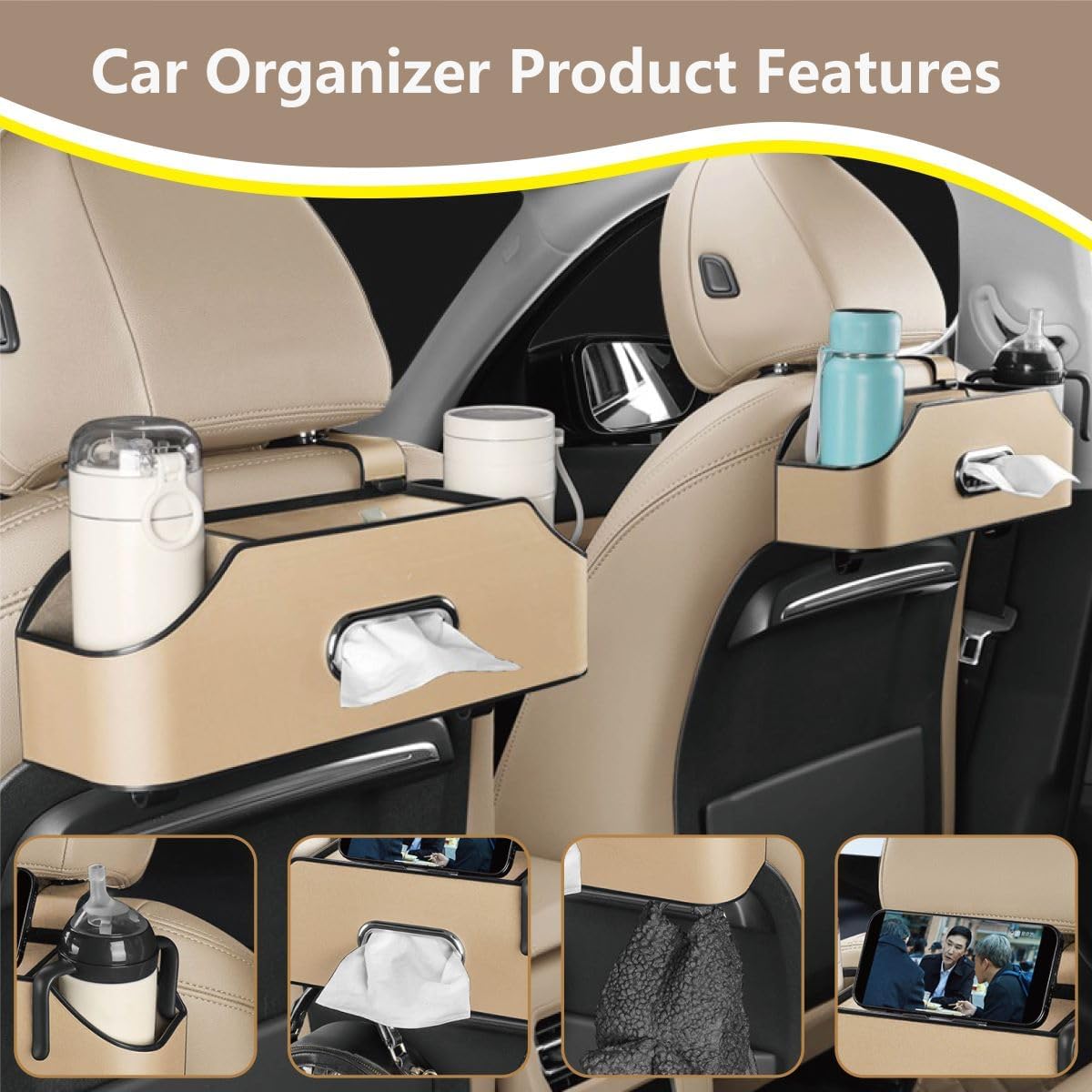 Backseat Car Organizer with 2 Drink Cup Holder - Tissue Holder - Car Seat Hooks for Headrest - Multi-functional Storage for Travel - Perfect for Kids, Adults(Beige)